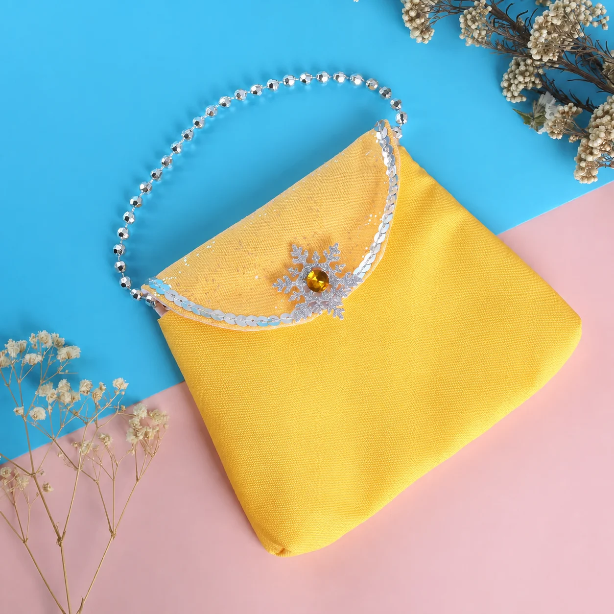 Kids Girl Princess Handbag Canvas Flip Coin Purse Sparkling Rhinestone Decor Princess Style Small Beaded Handbag for Daily Use