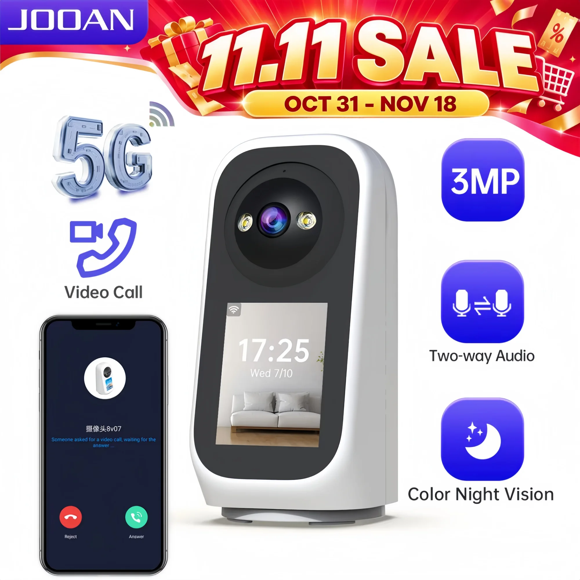 JOOAN 3MP PTZ 5G Wifi Camera HD 2.8” Touch Screen Baby Monitor Color Night Two Way Audio Wireless Smart Home Security Camera