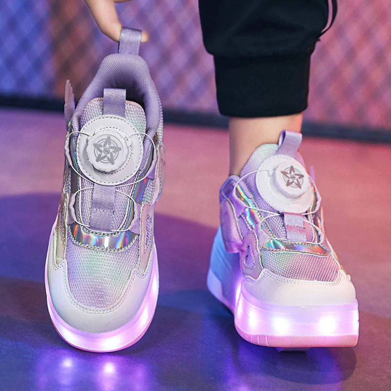 2 Wheels Children's Led Light Roller Skate Shoes Outdoor Pulley Fashion Children's Sneakers Breathable Mesh Shoes Kids Boys Girl