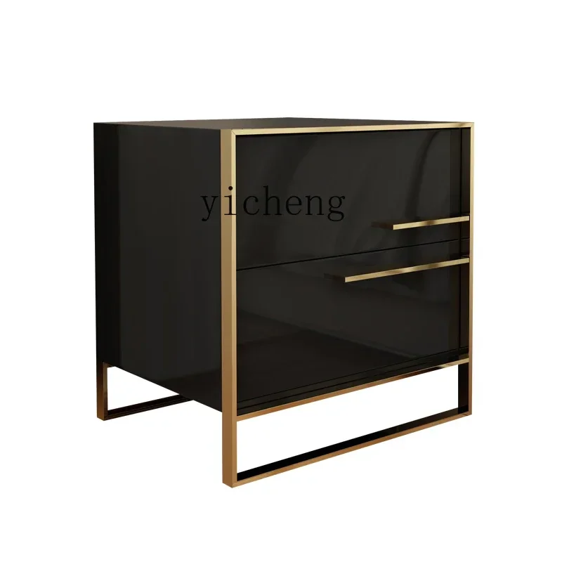 U6.2 Bedside Table Black and White Glossy Lacquer Stainless Steel Gold Plated Bedroom 40cm Storage Cabinet