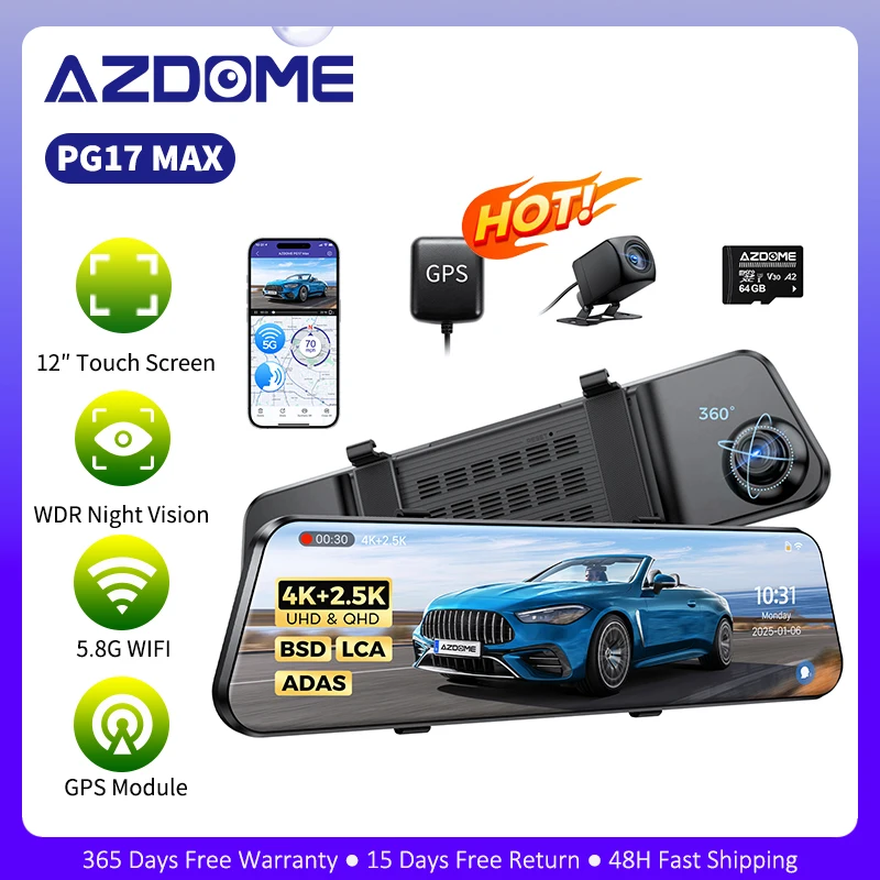 Câmera Veicular Frontal e Traseira AZDOME PG17 MAX com Tela Touch de 12 Polegadas, DVR 4K+2.5K, Câmera de Retrovisor, GPS, WIFI, Controle por Voz, ADAS