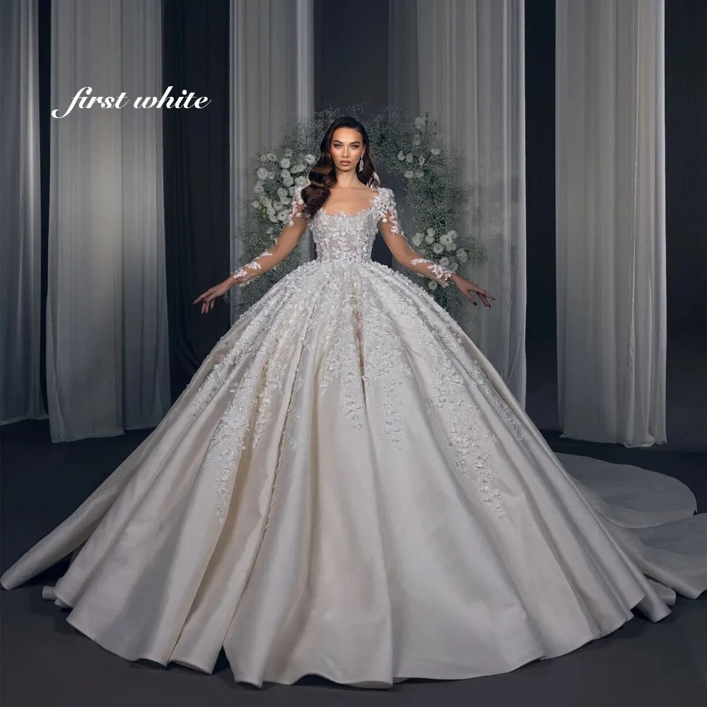 

Великолепное бальное платье с круглым вырезом и длинными рукавами по индивидуальному заказу, свадебное платье, элегантное атласное платье с аппликацией из бисера и скользящим шлейфом, винтажное платье невесты