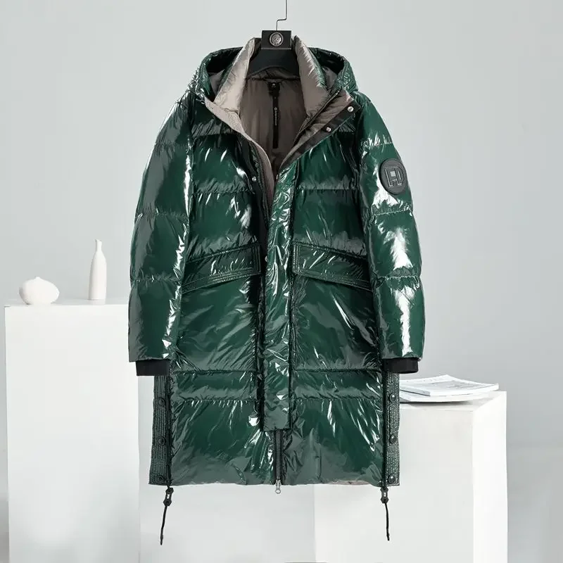 Neue Männer Graue Ente Unten Jacke Winter Mantel Mid-länge Unter Dem Knie Parkas Glänzend Lose Outwear Mit Kapuze Jugend mantel