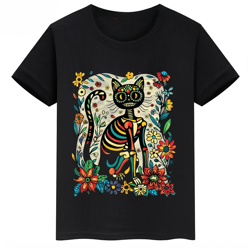 Cat Skull Printed Children\'s Clothing Summer Boys and Girls Cotton T-shirt Black Short-sleeved Personalized Kid\'s Clothing