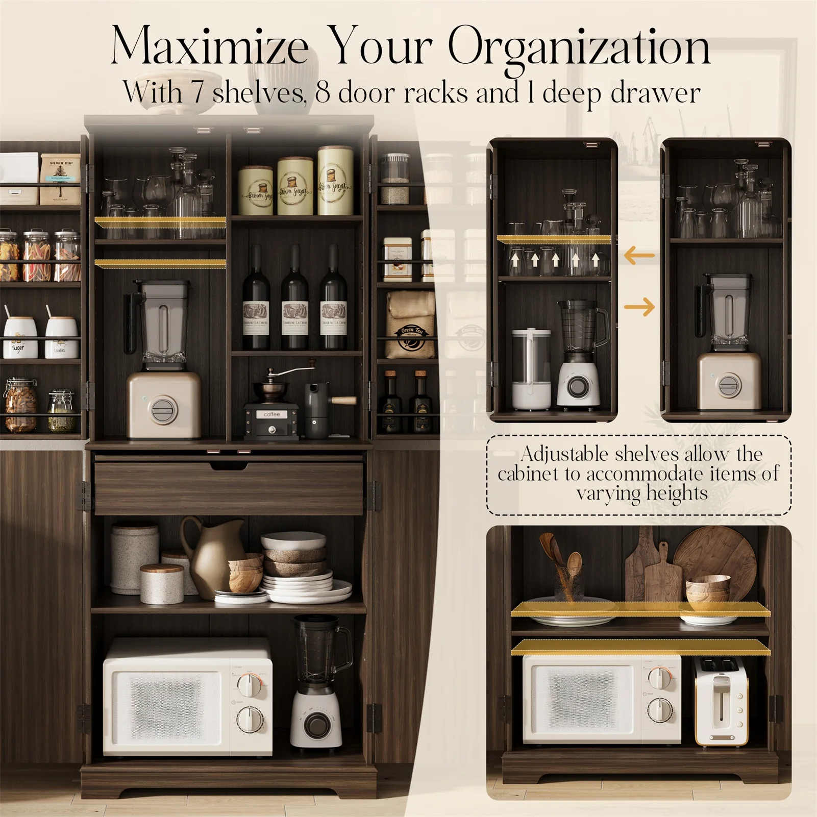 خزانة مخدد للمرأة الحامل خزانة حديثة لمنتصف القرن 70 بوصة خزانة تخزين طويلة مع أرفف قابلة للتعديل للأبواب، أثاث خزانة #6