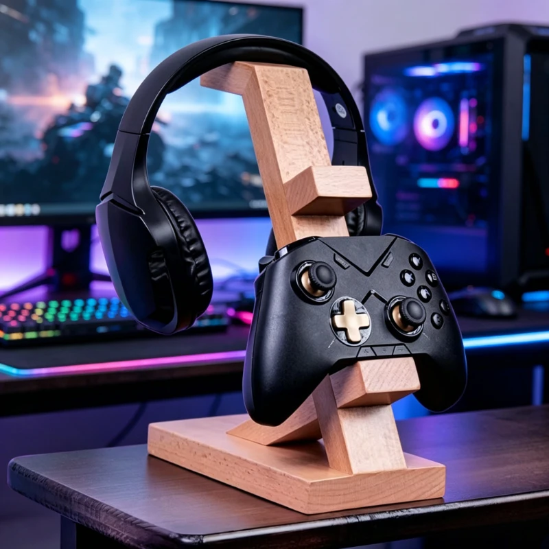 Retro Gaming Headset - Holz-Controller-Ständer, multifunktionaler Gaming-Controller- und Headset-Desktop-Displayständer, platzsparend,