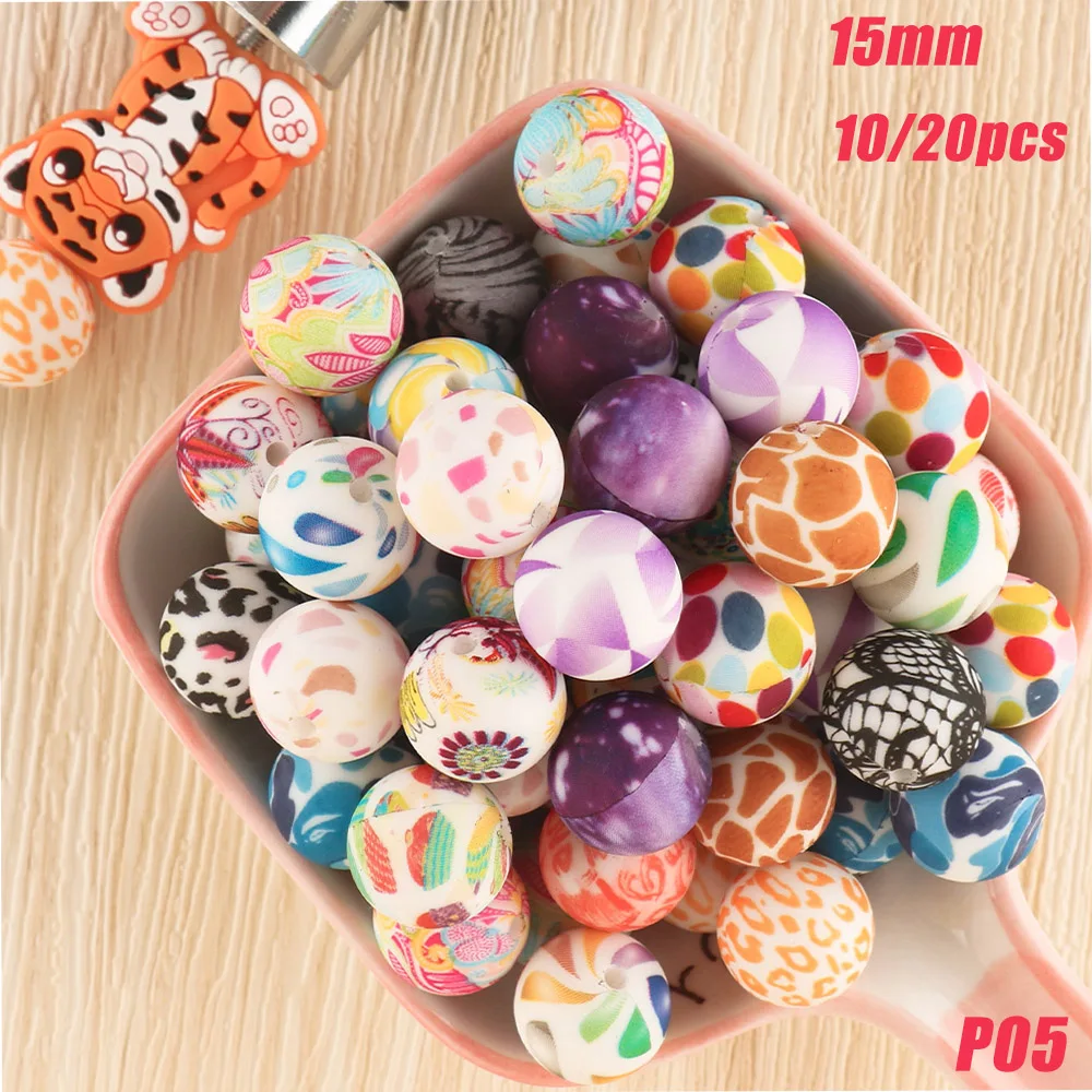 10/20Pcs 15MM Leopard Silicone Beads Round Printed Bead DIY Pacifier Chain Bracelet Necklace Accessories For Jewelry Making