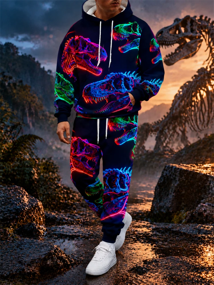 Nouveau ensemble sweat-shirt automne/hiver, ensemble à imprimé T-Rex, sweat à capuche pour homme, pantalon de survêtement à cordon de serrage – un ensemble élégant en deux pièces pour les soirées.