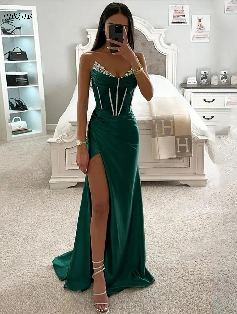 

Satin Sparkly Evening Dresses Prom Dress Strapless Slit Sequins Ball Gown Elegant Woman Party Robe De Soiree فستان سهرة