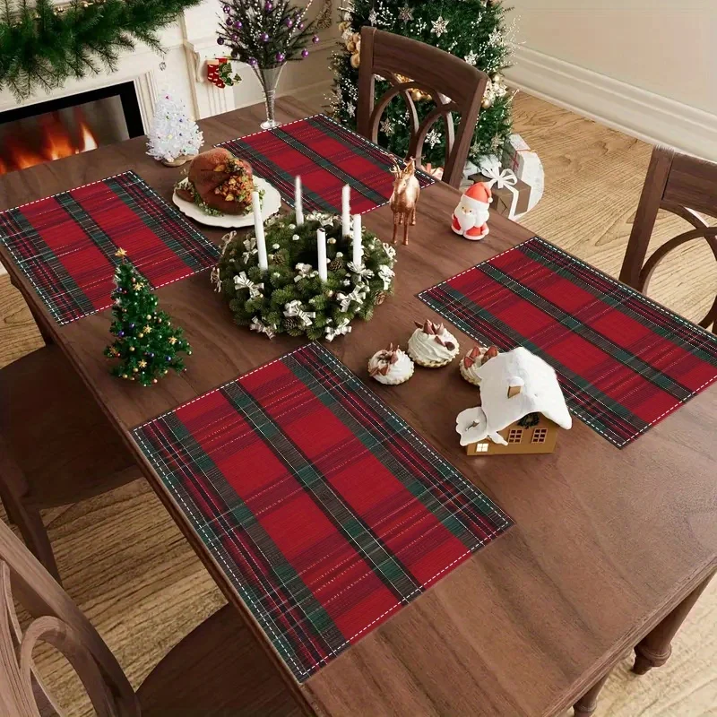 2/4/6 manteles individuales navideños a cuadros rojos | 45x30cm Clásico Elegante | Durable Elegante | Decoración de mesa navideña de cocina/comedor/fiesta