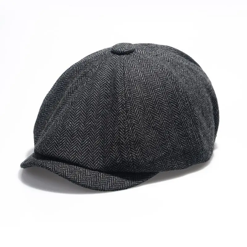 Merek Oohmy baret wol pria 8 Panel Newsboy topi datar Herringbone mode Vintage Headwear