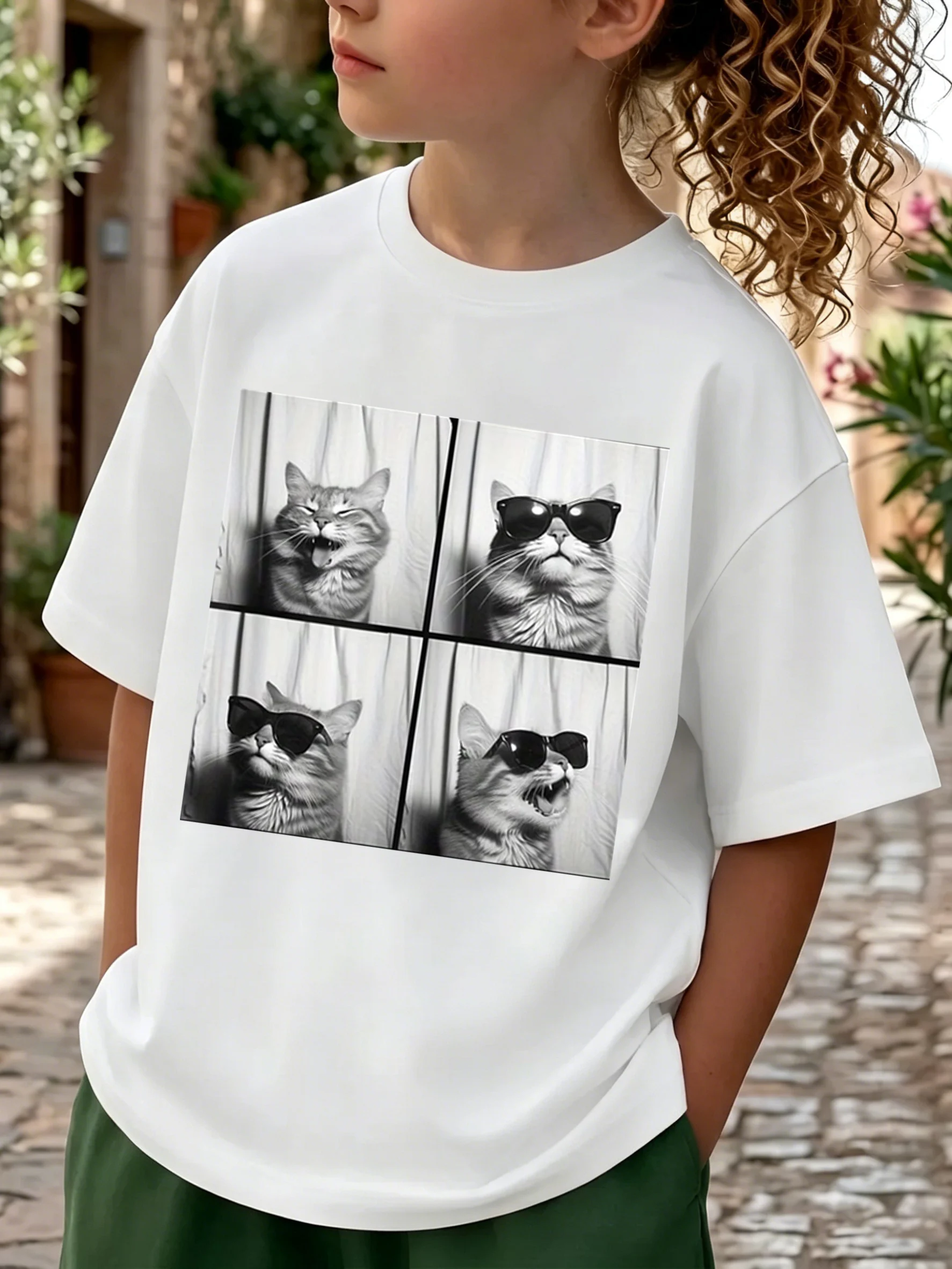 Summer T Shirt Boy Girl Kids Baby Youth Tee Oversize Clothing Loose Fun Photo Booth Cat Selfie Photo with Cute Smiling Cat Lover