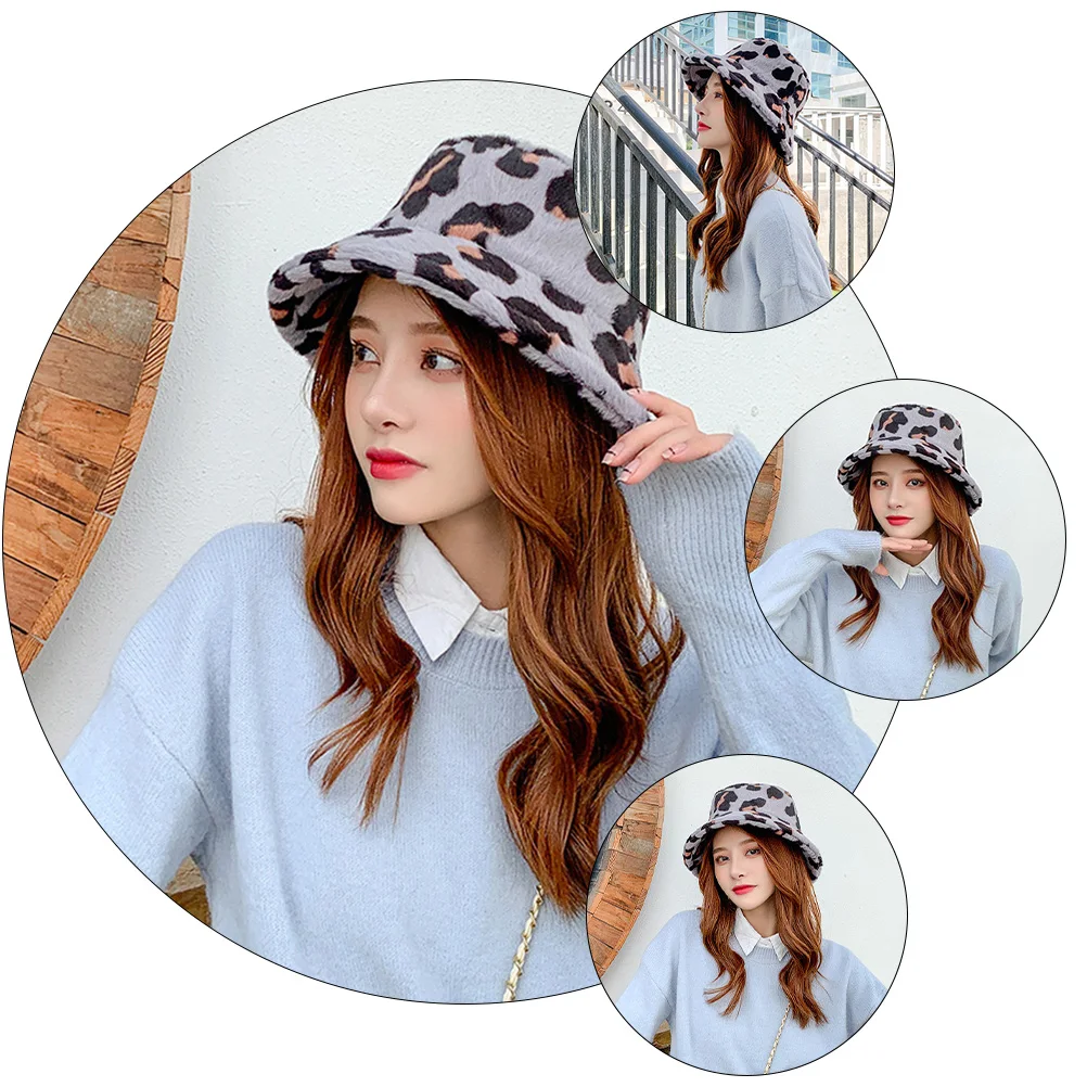 

Hats Leopard Print Rabbit-haired Fisherman's Warm Printing Grey Women Bucket Cap Fashion Women's