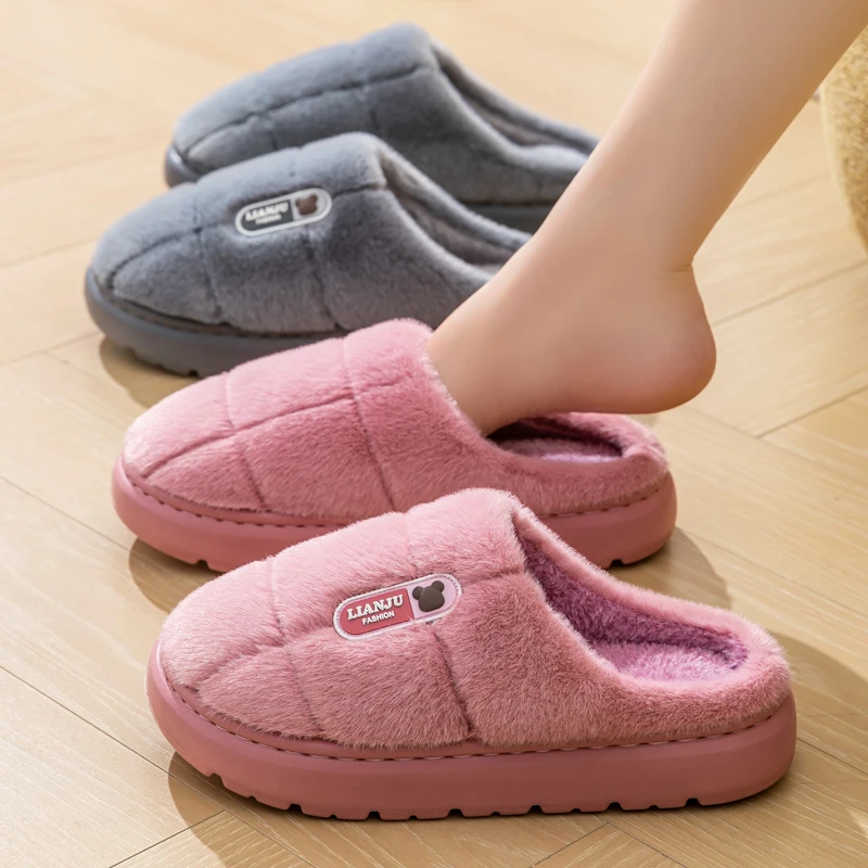 New Couple Extra Large Size Winter Warm Fluffy Slippers Soft Sole Non-slip Slides Women Men Indoor Floor Flat Home Cotton Shoes