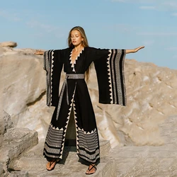 Boho Luxe Black Kimono Geometric Print Elegant Coats Desert Goddess Chic Ethnic Flowing Jacket Exaggerate Sleeve Abaya Cardigans