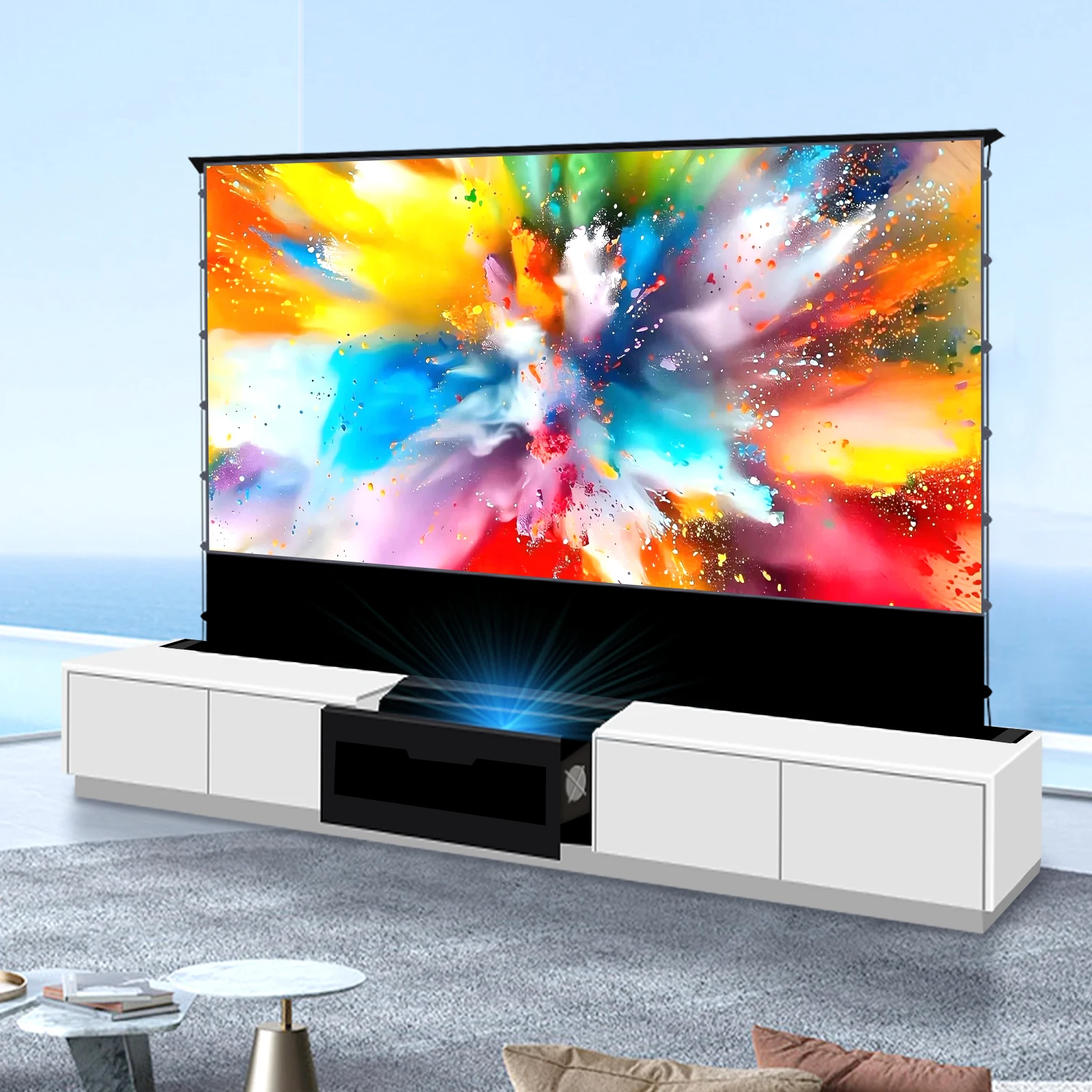 100 inch White Ultra Short Throw T-prism Motorized Floor Rising Projection Screen + Integrated Laser TV Cabinet High Quality