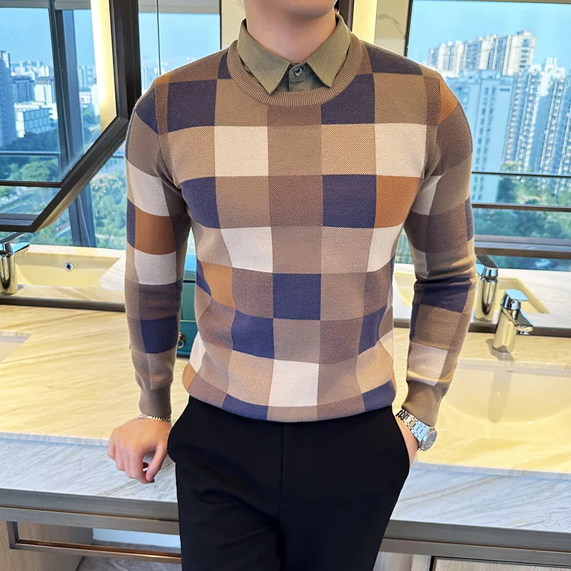 Fake 2 Pieces Men Keep Warm in Autumn Winter Shirt Collar Knitted Sweater/Male Slim Fit Plaid Long-sleeved Pullover Man Sweaters