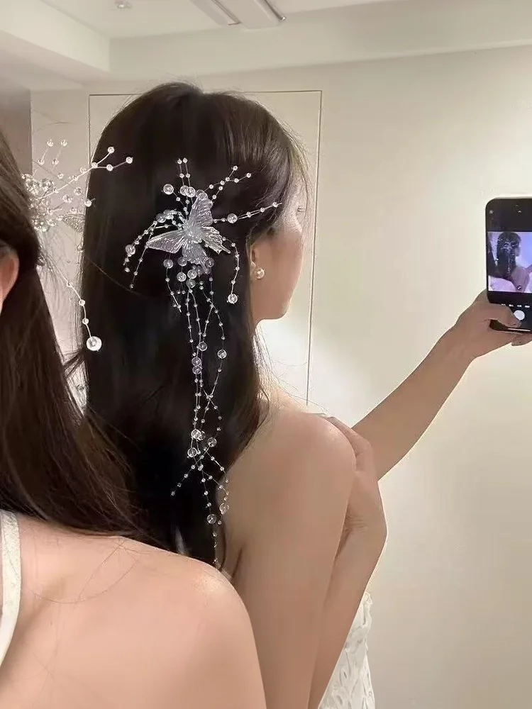 Lange Haarspange mit Schmetterlingsperlen und Quasten für Damen, Feenhaftes, süßes Prinzessinnen-Haarschmuckstück, modische Haaraccessoires. – Detail 10