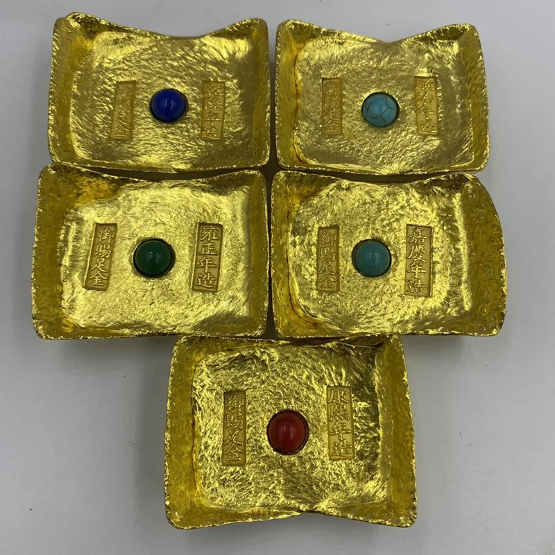 

Antique Miscellaneous Copper Gold Ingot Twelve Zodiac Square Gold Ingot Inlaid Gem Antique Qing Dynasty Five Emperors Gold Ingot