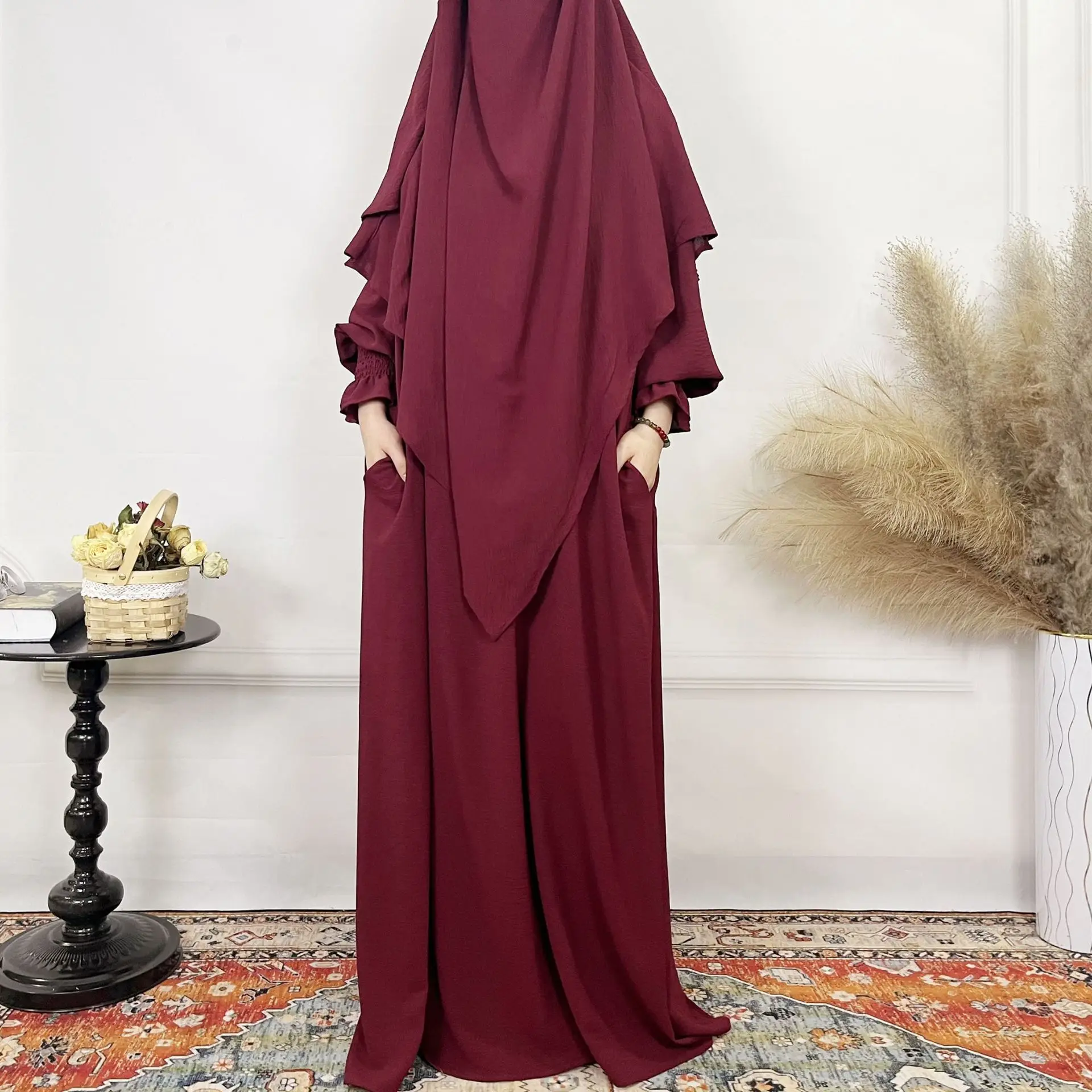 Ice Silk Wrinkled Two-piece Set Dubai Turkey Solid Color Pocket Dress Plus Double Headscarf