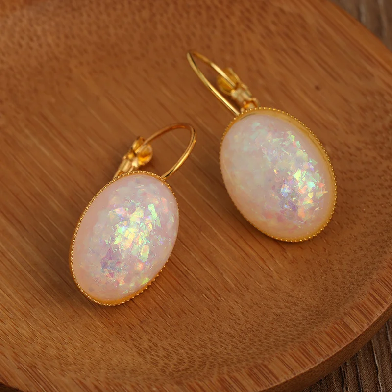 Bridal Oval White Fire Opal Earrings for Bride Earrings Cute October Birthstone Leverback Gold Color Earrings Jewelry