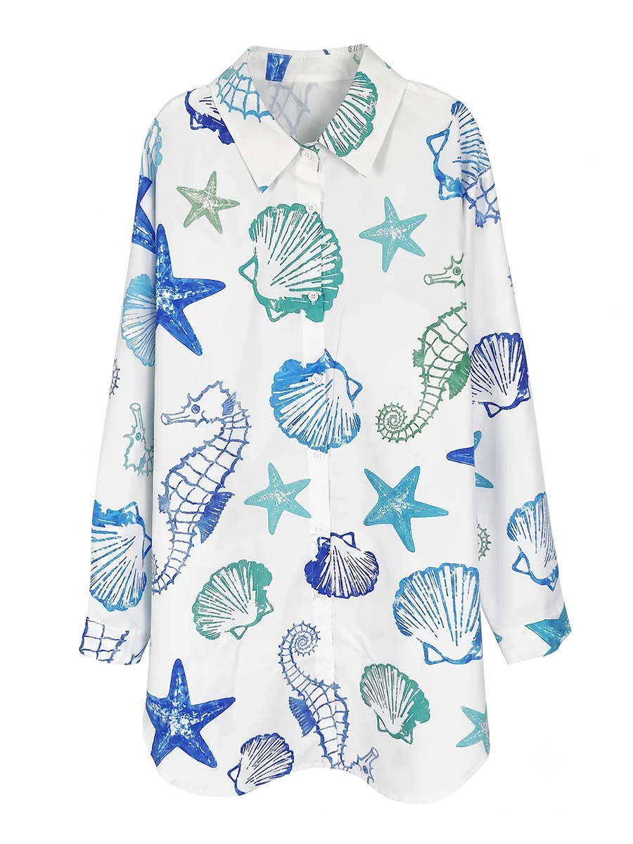 Damen Langarm-Hemdkleid mit Knöpfen, Lässige Lose Bluse mit Muschel- und Seestern-Druck, Elegante Y2k-Mode Streetwear für Frauen – Detail 4