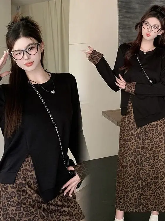 

Casual Fashion Commute Slim Fit Asymmetrical Slit Leopard Print Women's Two-Piece Set High Waist Skirt round Neck T-shirt