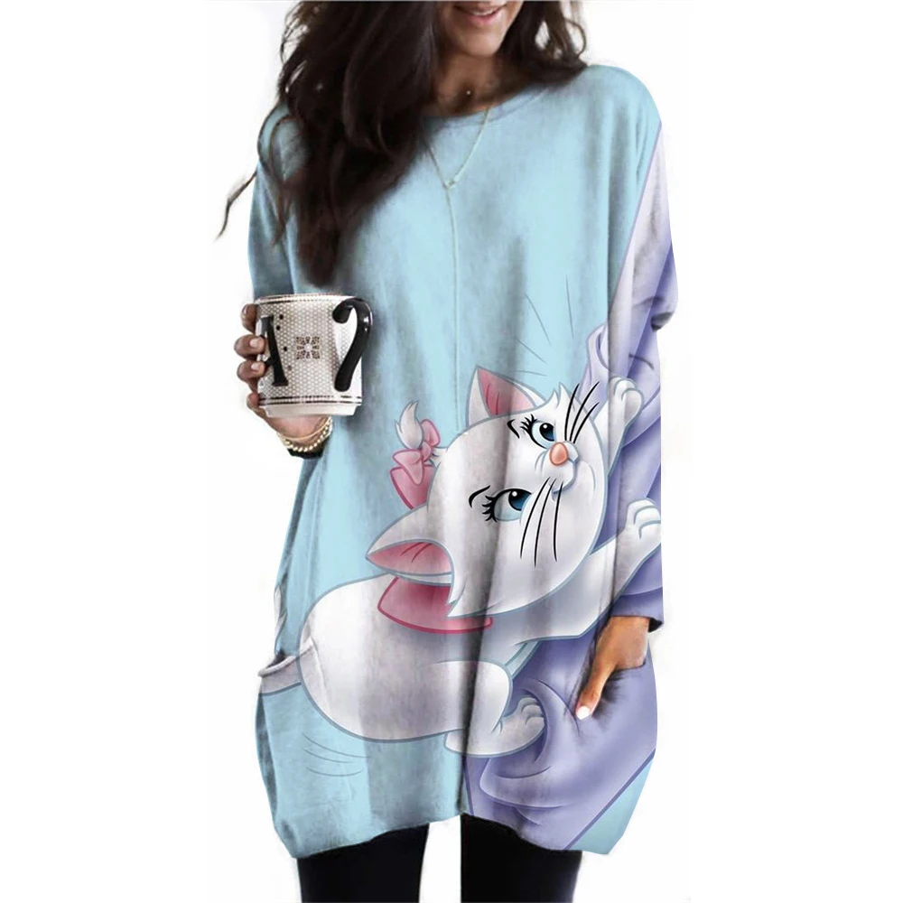 Disney cartoon Mary Cat print Women\'s T-shirts Autumn Long Sleeves T shirt Tops Designer Casual Loose O-neck Women Clothing