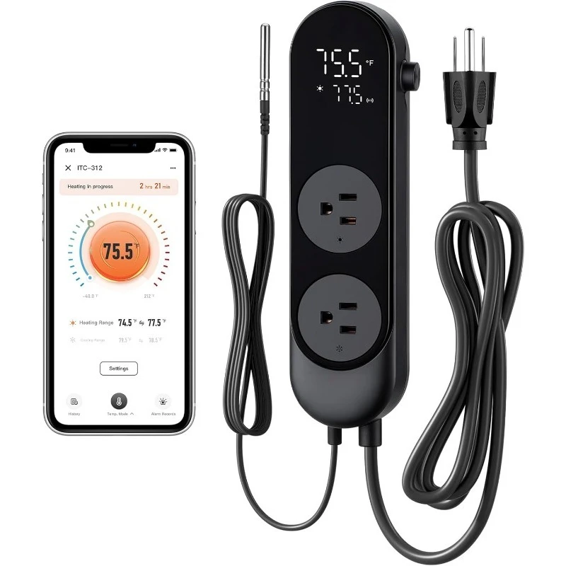 

Цифровой контроллер температуры Bluetooth, 1200 Вт, нагрев, охлаждение, 2-ступенчатая розетка, термостат, вилка контроллера для рептилий Aq