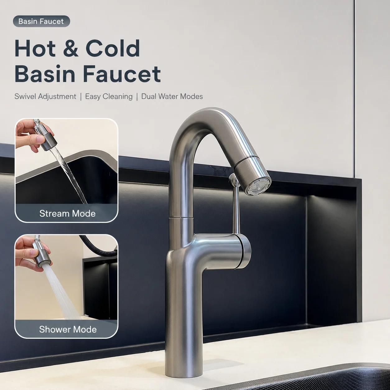 Pull Out Basin Faucet 360° Swivel Dopamine Cream Hot Cold Mixer Tap Dual Mode Bathroom Sink Faucet