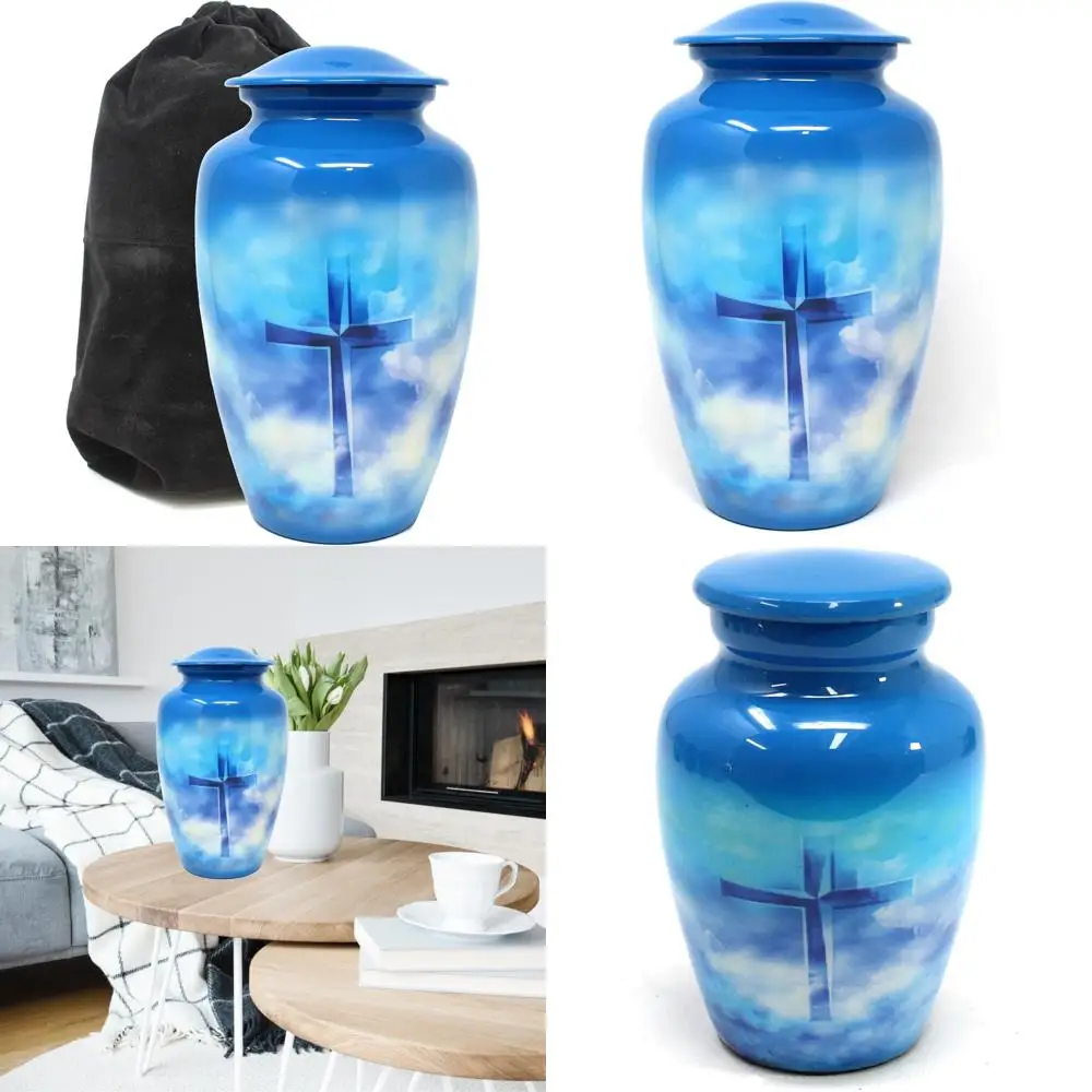 

Adult Large Cremation Urns for Men and Women with Blue Sky Painted Clouds Design - Human Ashes Urn