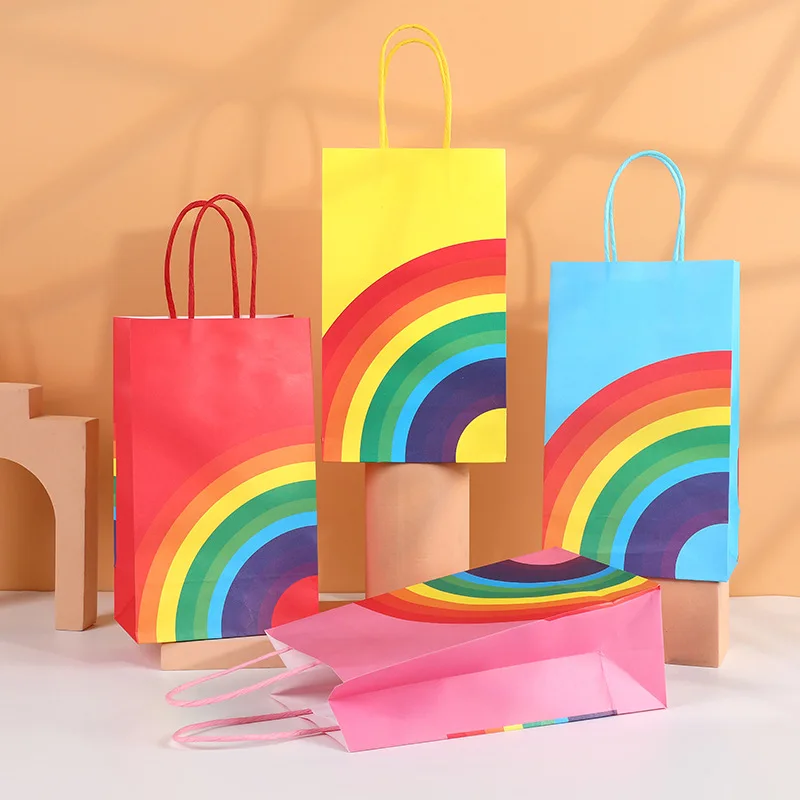 10Pcs/Lot Rainbow Candy Bags 13x8x22cm Gift Packaging Bags Wedding Birthday Party Gift Bags Thicken Paper Wrapping Bags