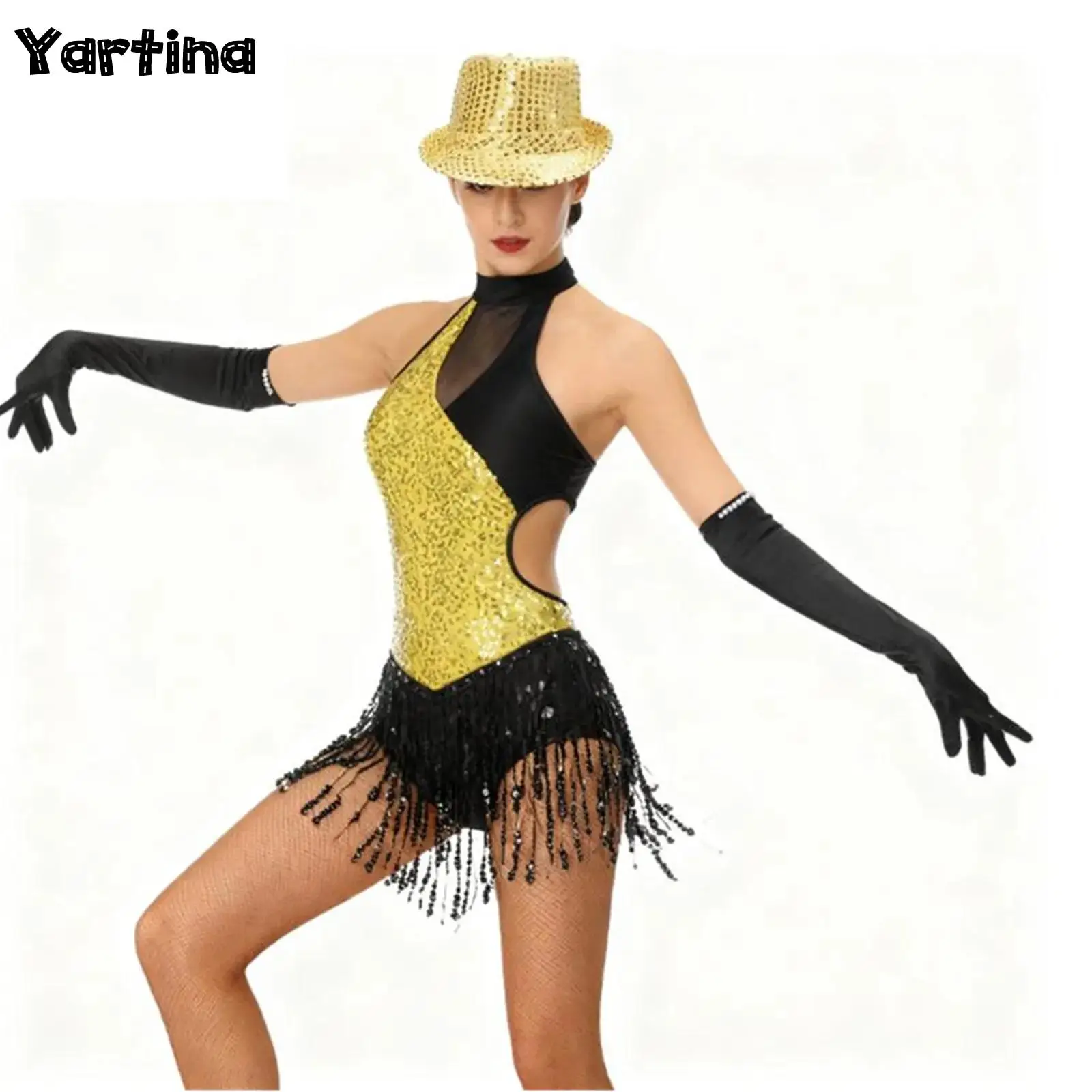 Costume da performance di danza latina Cha-Cha Ballroon da donna, body con paillettes scintillanti, body da ginnastica con frange e guanti
