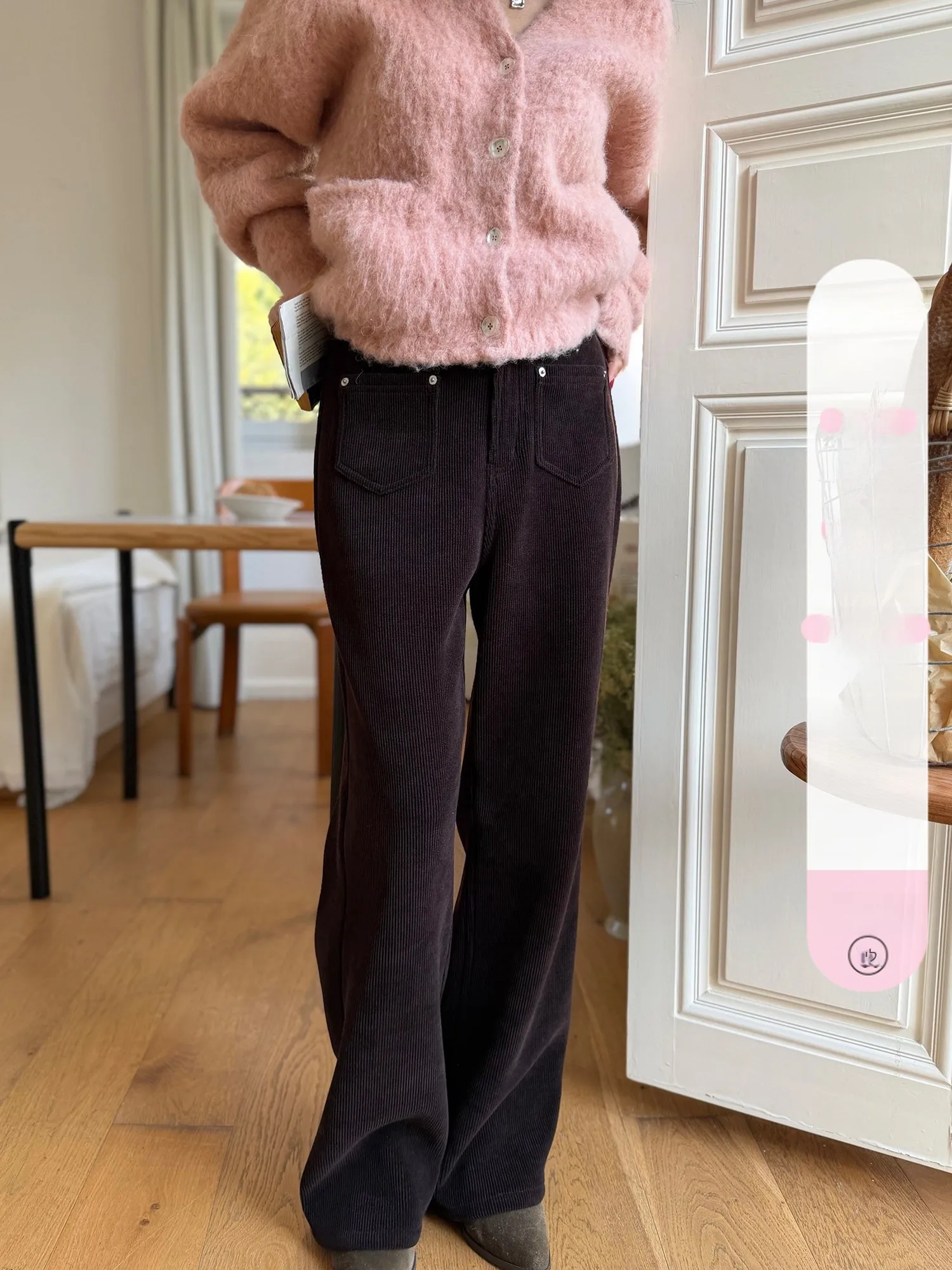 

Elwing Original Warm Corduroy Straight Leg Pants Women's Casual Trousers French Style Natural Waist Button Closure Thermal