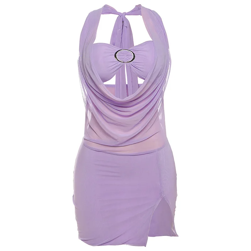 Sexy Solid Deep V Two Piece Sets Midnight Club Halter Top Bodysuit Skirt Backless Summer Partywear Hollow Out Ruched Women Set