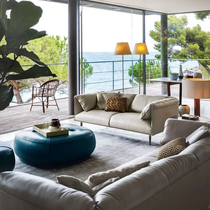 Italian minimalist three-person leather sofa Modern minimalist living room bedroom small and medium-sized apartment first-floor
