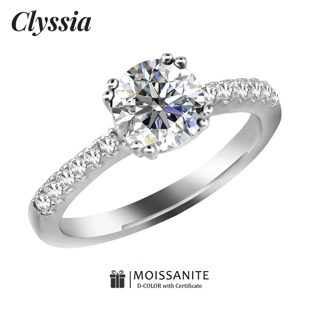 

CLYSSIA 100% 925 Silver 18k White Gold Plated Moissanite Ring Lab Grown Diamonds Perfect Bride Jewelry for Wedding Engagement