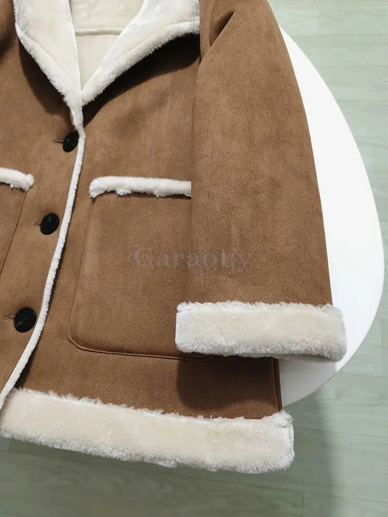 Garaouy2024 Winter Women Imitation Suede Lamb Down Jacket Lapel Loose Pocket Patchwork Coat Female Casual Versatile Warm Outwear