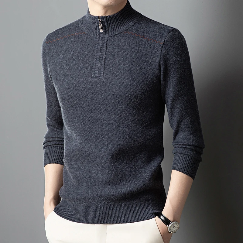 Nouveau 2025 Pure laine hommes demi-col roulé pull à glissière automne et hiver moyen-âge épaississement