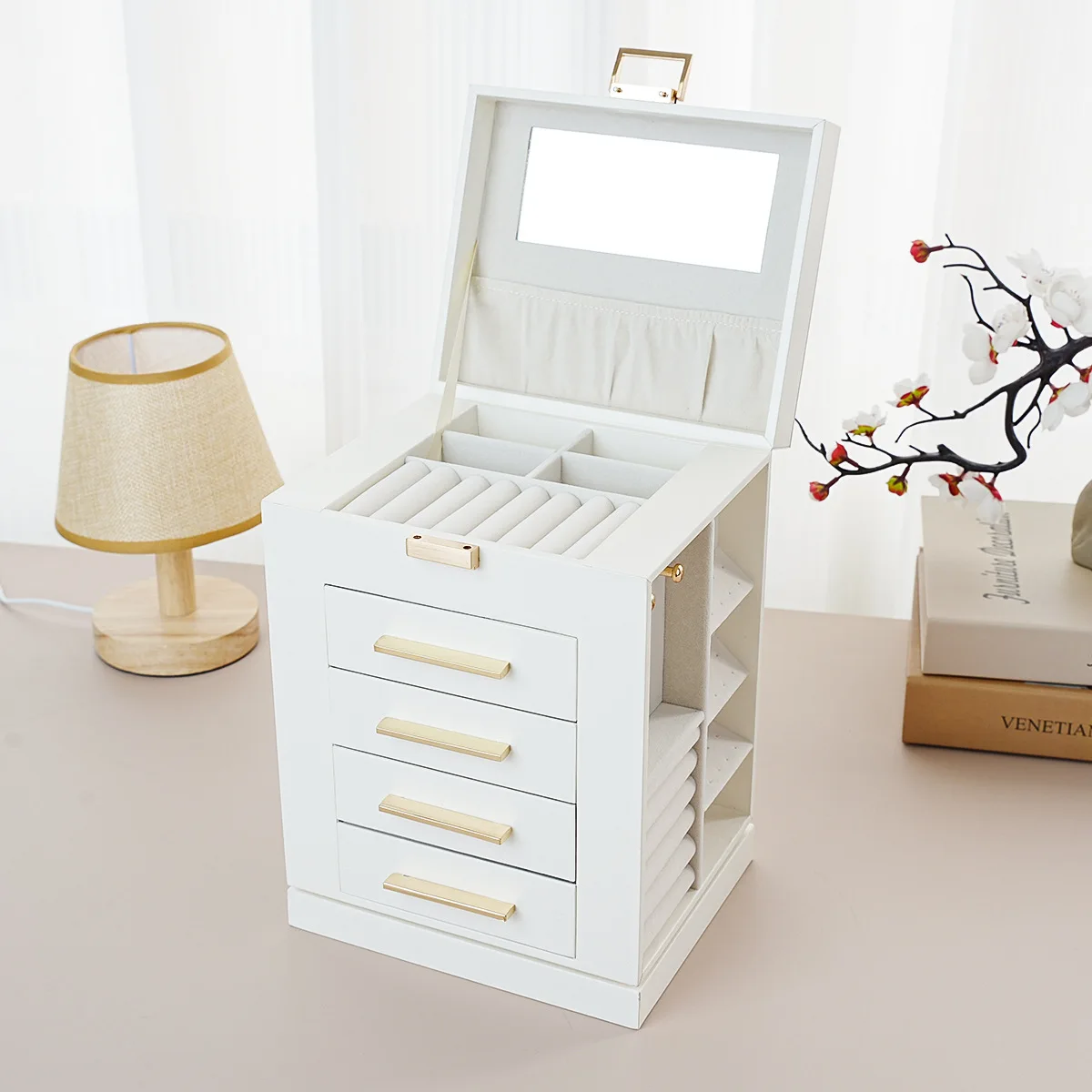 

Vertical rotating multi-function jewelry box, desktop storage, multi-drawer with mirror