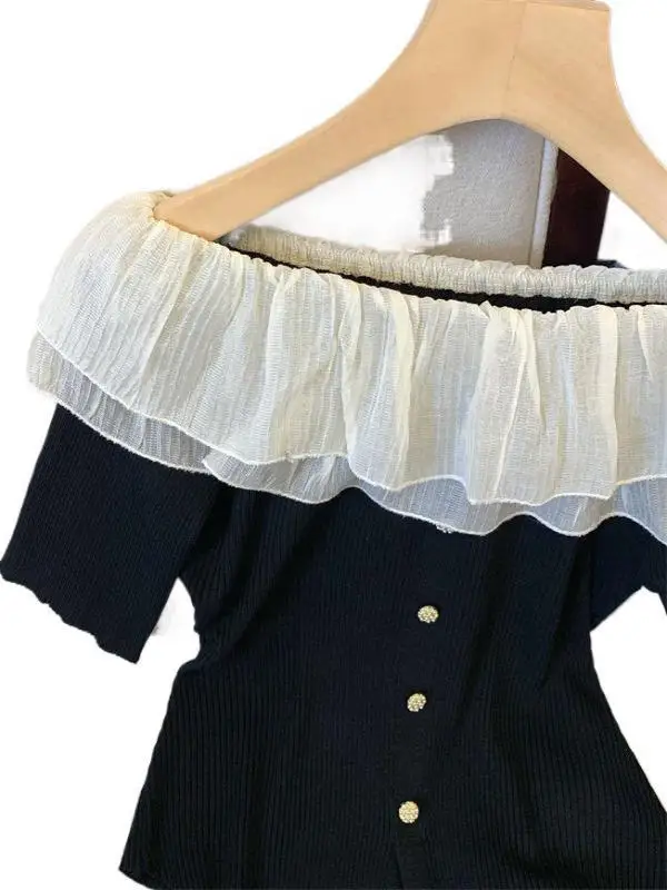 

Color Blo Ruffle ort Sve Sweater irt Contrast Color Lace Trim Knitted Summer Top for Young Women