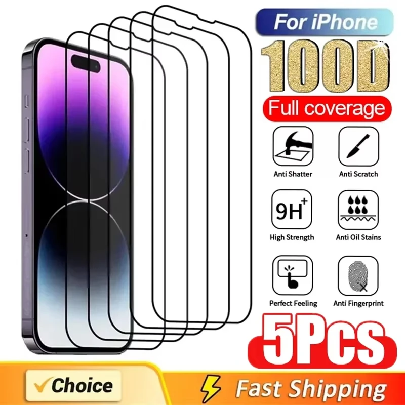 

5Pcs 9D Screen Protector For iPhone 16 Pro Max Glass 14 13 Pro 7 8 14 15 16 Plus 11 12 Mini 15 X XS XR XS Max 11Pro Protective