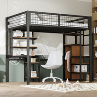 Loft Bed 140x200 cm with Safety Ladder, Kids Bed with Iron Frame, Wardrobe & Computer Desk, Black