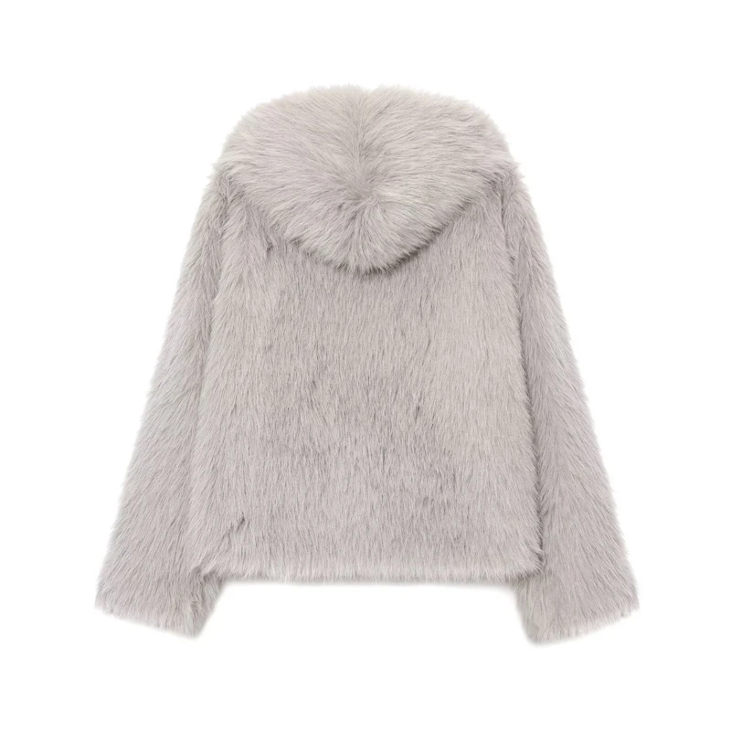 Fashionable Winter Warm Outerwear for Casual & Party Women's Light Gray Faux Fur Hooded Jacket, Soft Fluffy Furry Coat