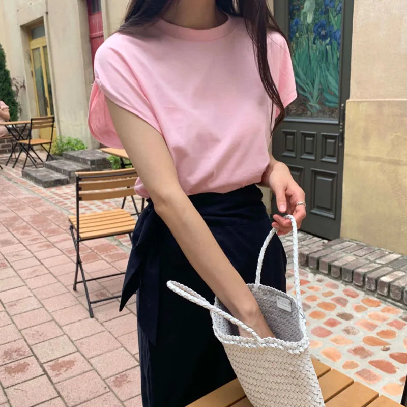 

Chic Summer Loose Ne T-irt with Fly Sve + High Waist Belted ter Skirt Set Casual Cotton Blend Faion Ensemble