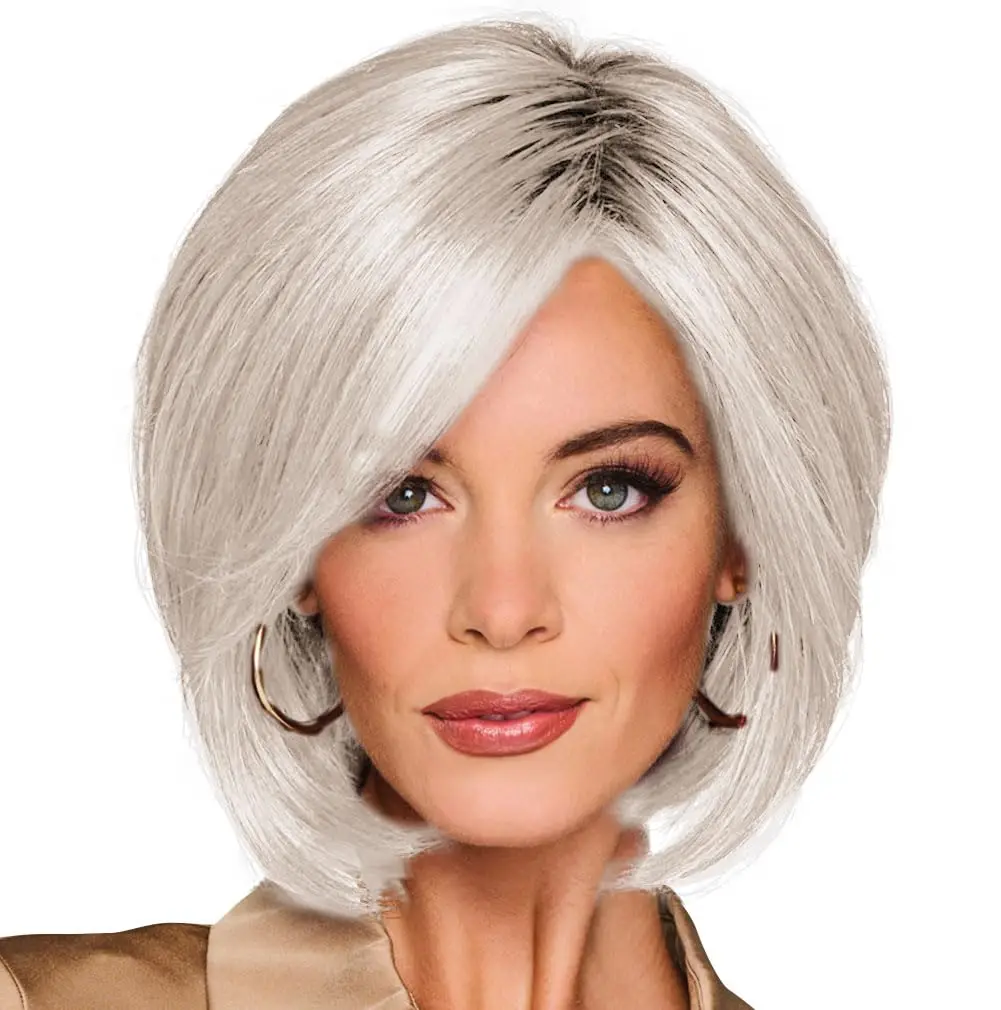 

Short Bob syntheic wig Mix Gray Color Heat Resistant Wig for Daily Use