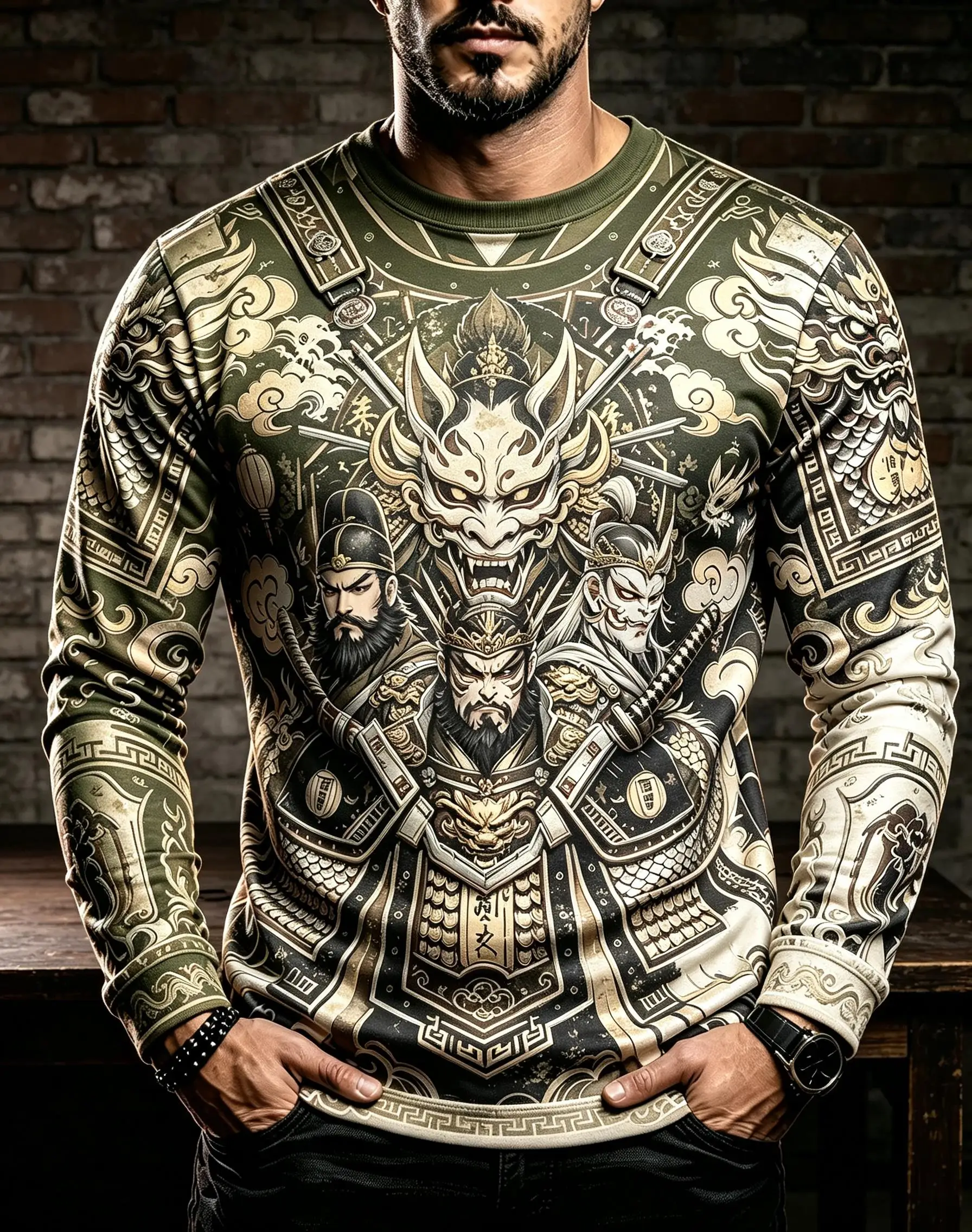 Men Fashion Long Sleeve T-shirt, Olive Base Samurai Warrior Mask Wave Print Casual Autumn Street Tee