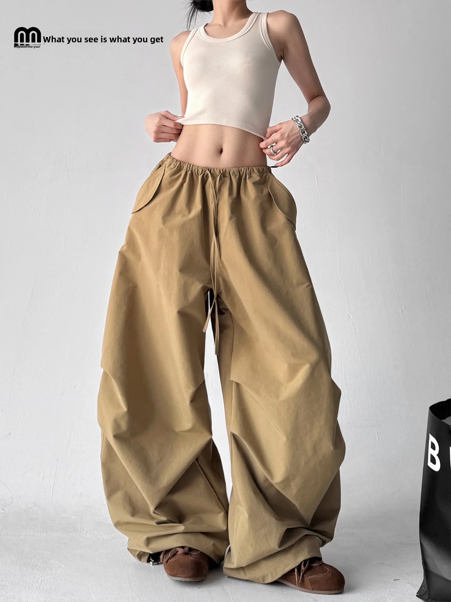 

Женские модные брюки-карго с высокой талией и широкими штанинами, свободного кроя, цвета хаки, из полиэстера, новинка весна-лето