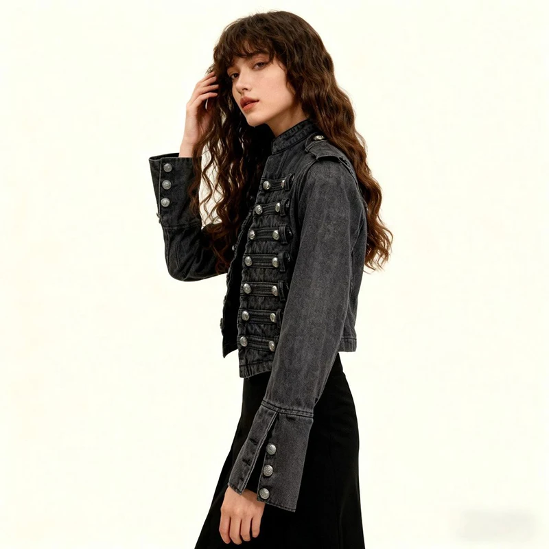 معاطف كلاسيكية من قماش الدنيم مناسبة للنساء لربيع وخريف سترة قصيرة مرقعة بأزرار وأكمام طويلة ملابس خروج هاراجوكو كلاسيكية