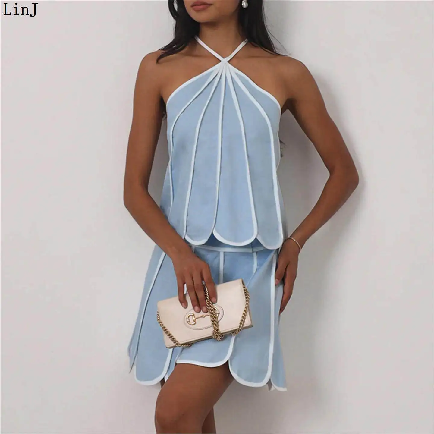 

Spicy Girl Fashion Design Half Skirt Set Women Summer New Sleeveless Neck Hanging Top Two-piece Set Elegant Casual Outfit
